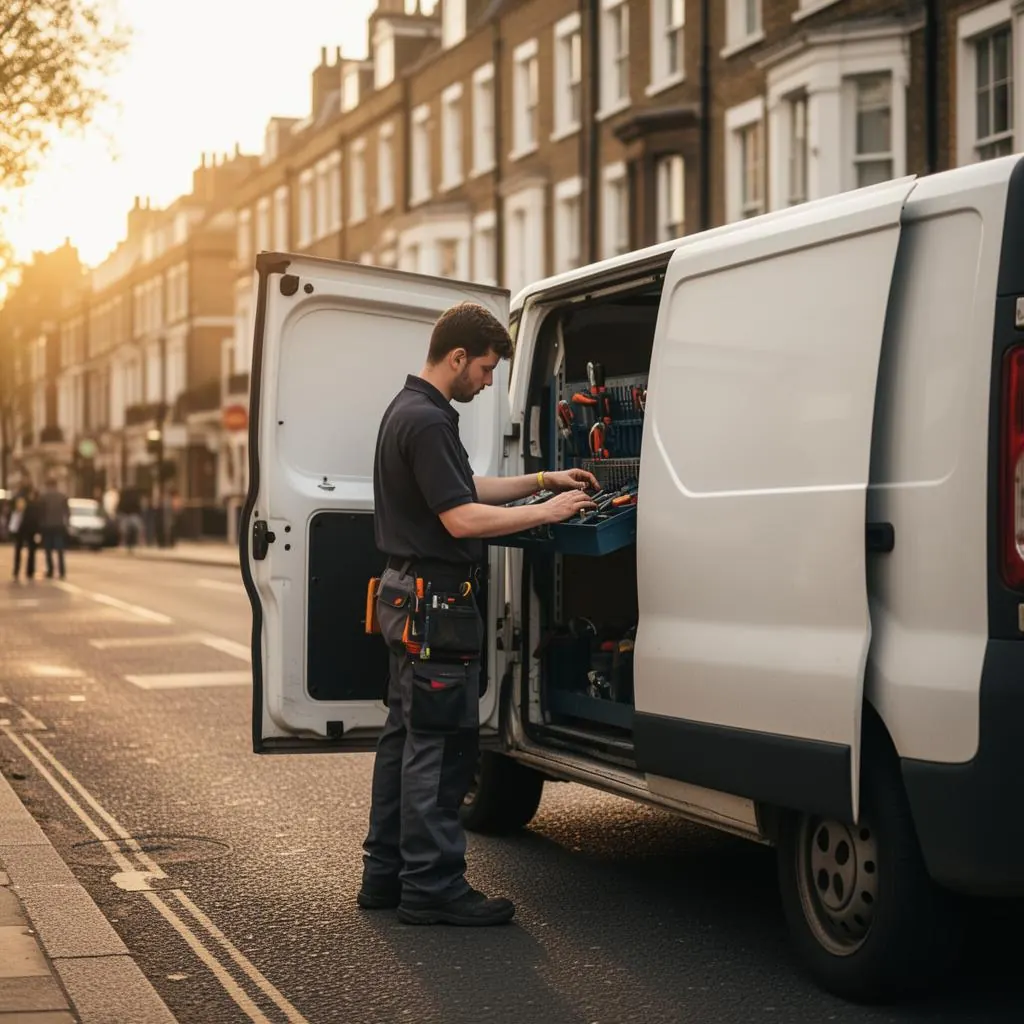 UK tradesperson loading tools into a work van on a London street
