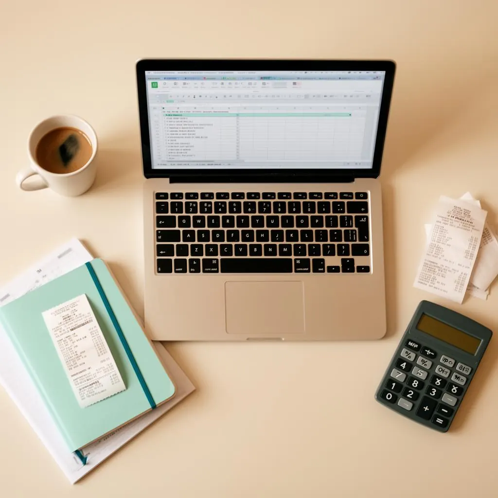 Laptop with a spreadsheet open beside a notebook, receipts and calculator
